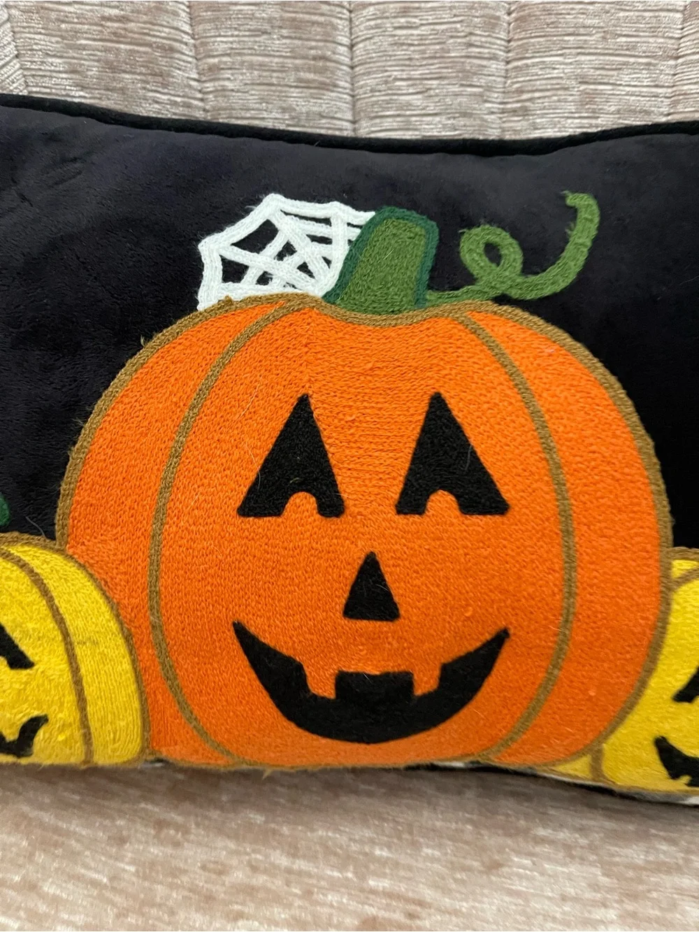 Halloween Home Decor Throw Pillow One Orange Pumpkin & Two Yellow Pumpkins
